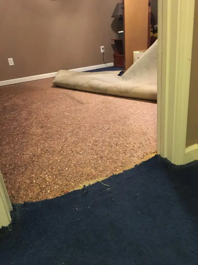 Carpet pad removal revealing water damage during Water Mitigation Services in Vermillion